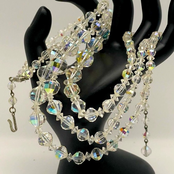Vintage Necklace 3 Layer Crystal White AB Beaded Elegant Evening Stunning Glitz - Picture 1 of 10